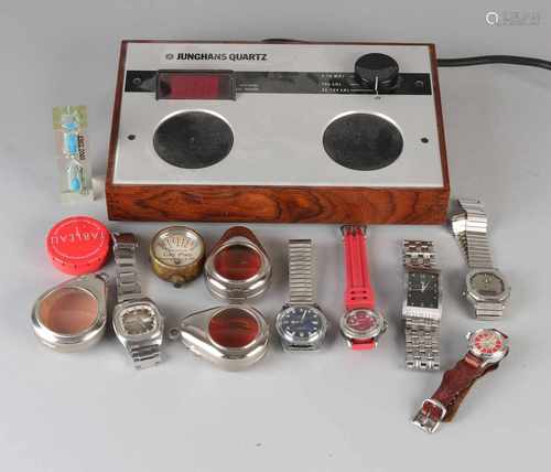 Box with several wrist watches + pocket holders + Junghans quartz frequency meter. 20th century.