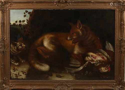 Unsigned. 17th century ? Landscape with fox, cat and rooster. Doubled. Oil on linen. Dimensions: H