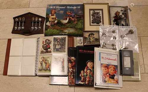 Box with a variety of Hummel items. Include: Folder full of postcards, six books on Hummel, two