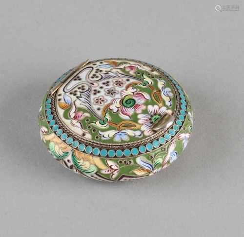 Beautiful round silver plated lid box, 84 zolotniks with cloissonne. Box with hinged lid decorated