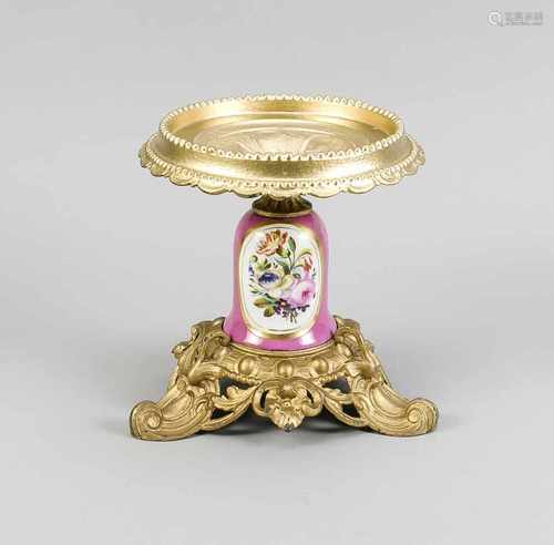 19th Century French tazza with hand-painted porcelain strain and composition metal shell + base.