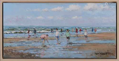 Van Noort. 21st century. Strandgezicht. Holland. Zandvoort. Figures on beach. Oil on linen. Size: 30