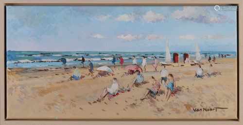 Van Noort. 21st century. Strandgezicht. Holland. Zandvoort. Figures on beach. Oil on linen. Size: 30