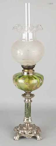 Antique petroleum lamp with hand-painted glass reservoir, marble stem, plated foot and matted glass.