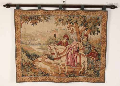 Old / antique tapestry wall hanging with medieval representation. Size: 108 x 94 cm. In good