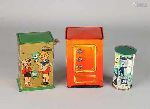 Three old German tin piggy banks. Comprising: Austrian postal savings bank, made in Germany, circa