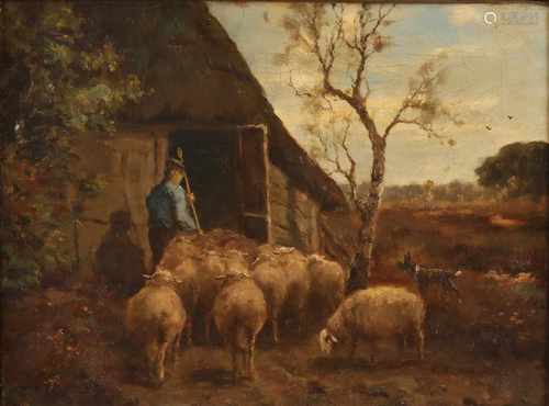 Martinus Nefkens. 1806 - 1941. Shepherd with sheep and dog at sheepfold. Oil on linen. Size: 30 x H,