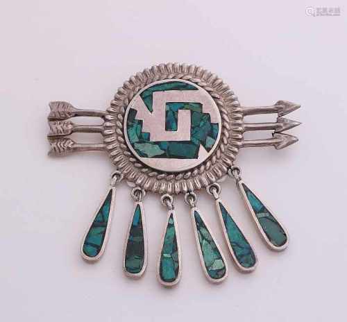 Mexican silver brooch / pendant, 925/000, with turquoise. Large round brooch / pendant with