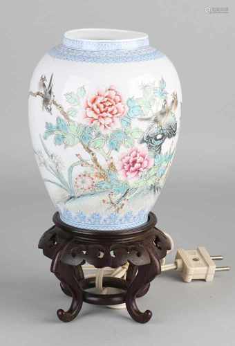 Chinese eggshell porcelain table lamp with Family Rose Garden / bird / text decor. Noticed. First