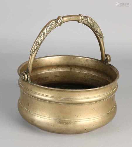 17th - 18th Century large bronze holy water container with handle. Dolphin Heads. Size: ø 12 x 20