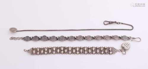 Three silver watch chains, a braided model with soldered elements, width 12 mm, length 16 cm, one