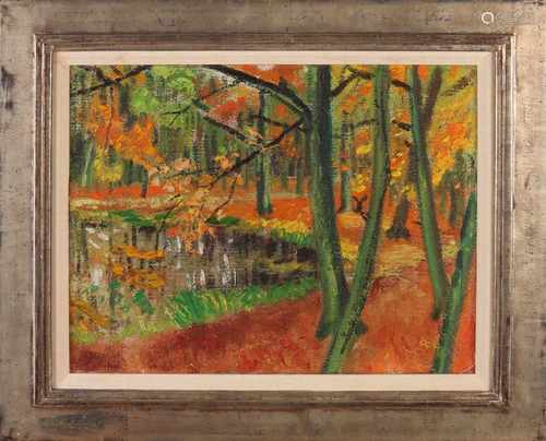 Attributed to S.R. v. de Berg. 1940. 1913 - 1998. forest scene with ven. Oil on linen. Size: 37 x H,