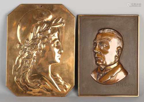 Two ancient bronze plaques. Circa 1920. One time Greek goddess, 19th century. One time portrait of