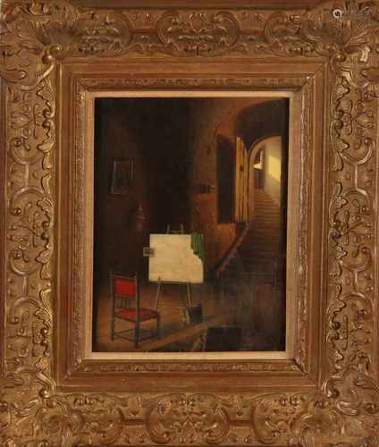 Unsigned. 19th century. Interior with easel. Oil paint on panel. Dimensions: H 26 x W 20.5 cm. In