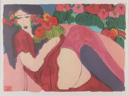 Wall Asse Ting. 1929 - 2010. Woman with flowers. Lithograph on paper. Size: H 45x W 60 cm. In good