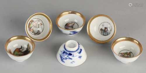 Six Chinese porcelain cups rice wine landscape with decor and gold rim. With within several