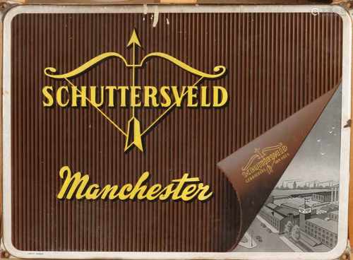 Rare antique enamel advertising of Schuttersveld Enschede Brothers van Heek, Manchester trousers.