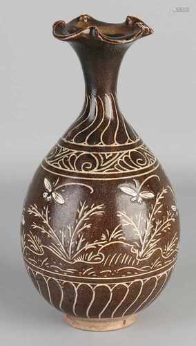 Chinese porcelain vase collar with brown glaze and etched decoration of butterflies and flowers.