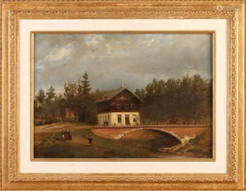 Pieter Gerrit Verschuur, 1857. 1830 - 1891 Landscape with house, rider and many figures. Oil paint