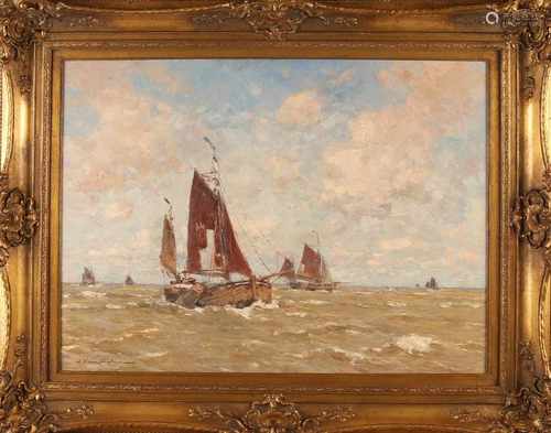 Wilhelm Hambüchen. 1869 - 1939. Dutch fishing boats at sea. Oil on linen. Size: 60 x H, B 80 cm.