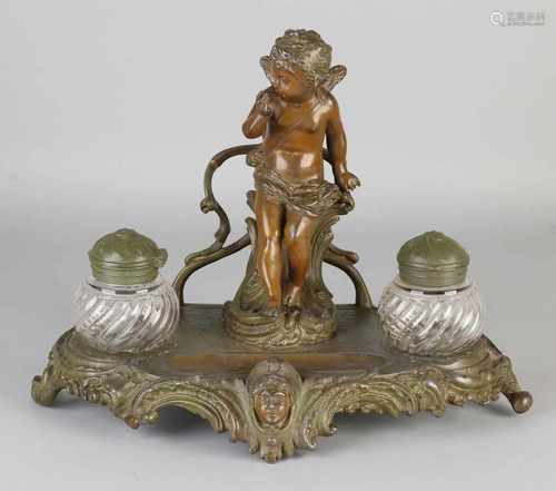 Beautiful antique inkstand with forest nymph. With original hand-blown glass containers. Circa 1880.