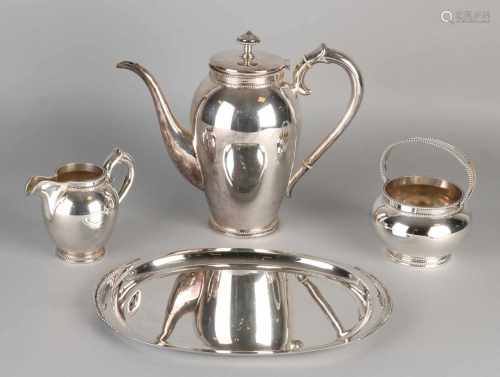 Silver coffee service, 835/000, four-piece, with a coffee pot decorated with pearl rim, MT .: