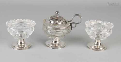 Antique three-part cut crystals table sets. Consisting of; mustard, provided with 835/000 silver lid