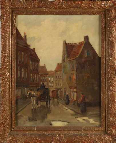 J. Schipper. Dutch School. Approximately 1920. Stadsgezicht with figures and carriage. Oil on linen.