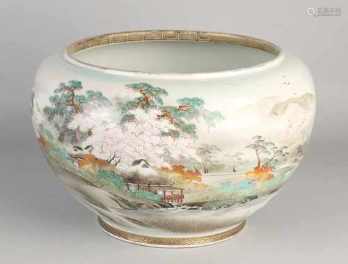 19th Century Japanese porcelain pot with landscape scenery. With bottom mark + sign. Size: 19 x 27