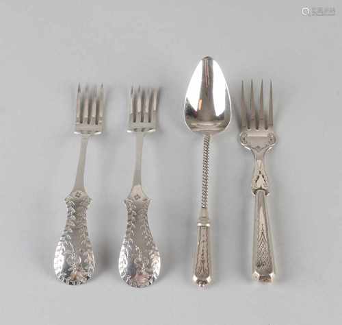 835/000 Silver tetradentate jam fork having a length of 12 cm. 835/000 and a silver coffee spoon