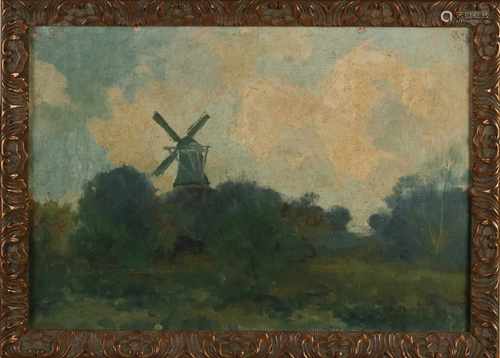 Andries Verleur. 1876 - 1953. Landscape with windmill. Oil on linen. Size: 32 x H, B 47 cm. In