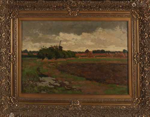 Dirk Wiggers. 1866 - 1933. Dutch landscape with windmill and wheat sheaves. Oil on linen. Size: 40 x