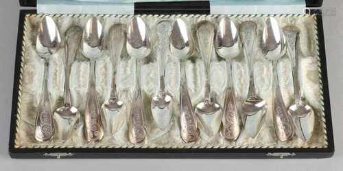 Twelve antique Biedermeier 835/000 silver coffee spoons with large egg-shaped baking and floral