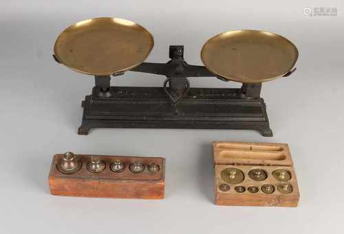 Antique weighing scales with two blocks. Circa 1900. Size: 14-45 cm. In good condition.