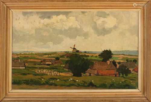 Dirk Wiggers. 1866 - 1933. In summer landscape with Drenthe farms. Oil paint on panel. Size: 50 x H,