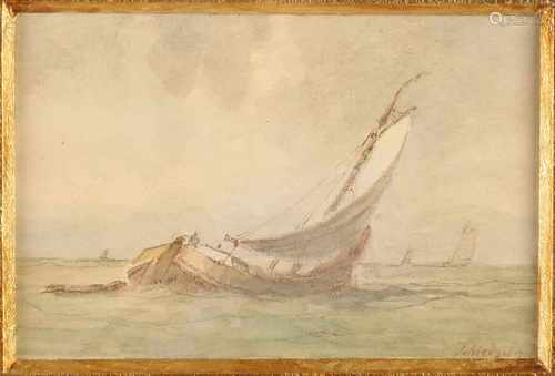 P. P. Schiedges. 1856. 1812 - 1876. Platbodem sea. Watercolor on paper. Size: 12 x H, B 17 cm. In