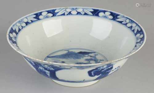 Large Chinese porcelain bowl with round figures decor and four-character mark and soil landscape