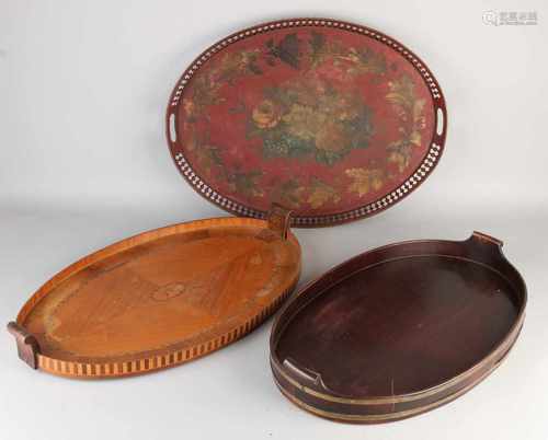 Three antique trays. 2x English, circa 1880, mahogany. 1x cans, painted with floral decor 19th