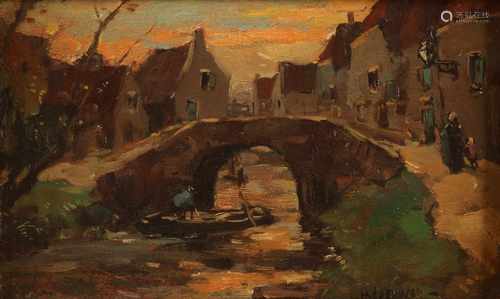 H. van Leeuwen Oudewater. 1890 - 1972. Dorpsgezicht with moat and figures. Oil paint on panel. Size: