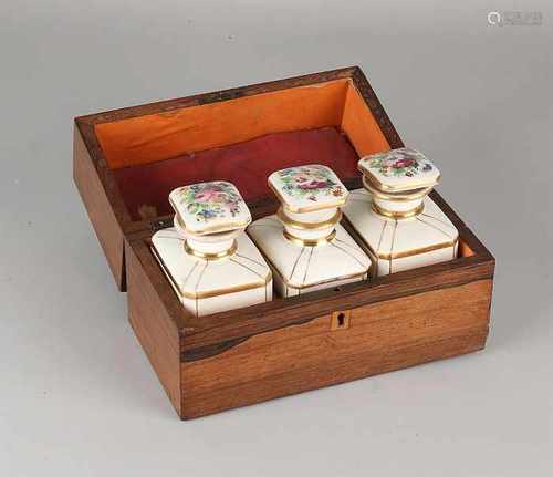 19th Century French rosewood tea chest with three hand-painted porcelain tea bottles. One time