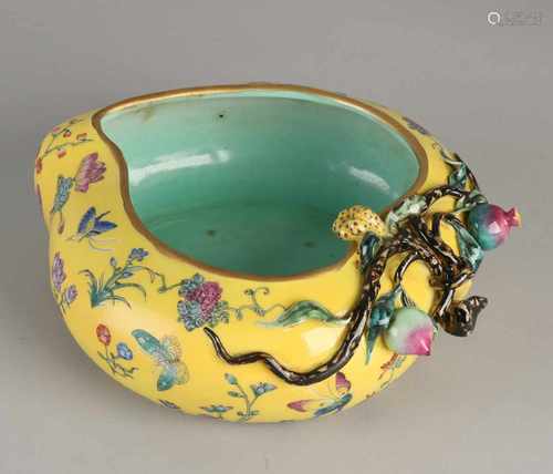 Peach-shaped Chinese porcelain bowl with yellow enamel, floral / butterfly / gold decor. Fitted with