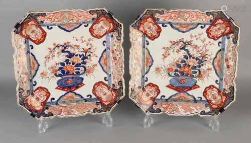 Two large 19th century Japanese Imari porcelain octagonal bowls. Floral + gold decor. One old