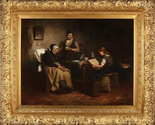 Johannes Weiland. 1856 - 1909. Farmers interior for reading girl, old woman and young woman with