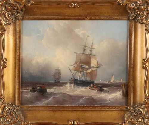 Louis Johan Hendrik Meijer. 1809 - 1866, Seascape with two masters and boats with Figs. Oil paint on