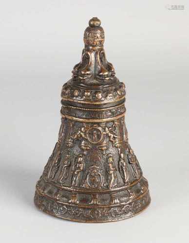 Renaissance-style bronze bell with angels and apostles surrounding decor. Dimensions: H 17 x Ø 10