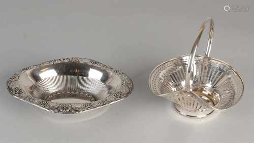 Two silver baskets, 800/000, a handle basket with serrate pattern on circular base edge with