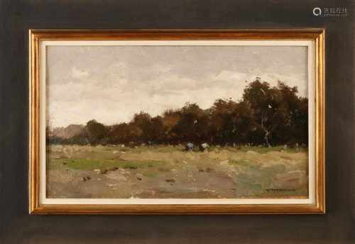 W. Markstein. Alias Aris Marble. 1887 - 1962. Landscape with farm workers. Oil on linen. Size: