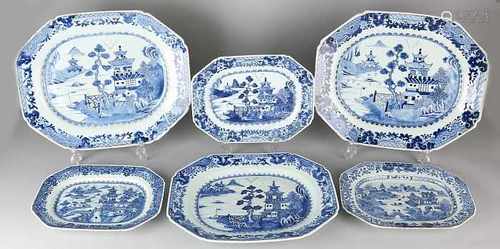 Six 18th century Chinese porcelain meat dishes with harbor / pagoda decor. Octagonal. Size: 30-41