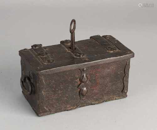 Small German early Baroque iron cash box engraved with open lock and double locking. Approximately