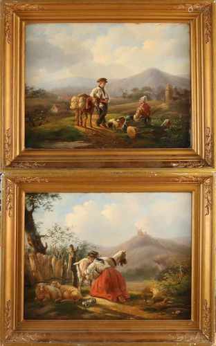 H. Hertling / Herzling? German School. 19th century. Two romantic landscapes with figures. Oil paint